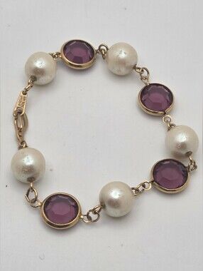Vintage 1928 Orolay 18K Gold Plated Purple Crystal Faux Pearl Link Bracelet